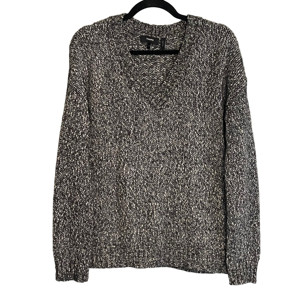 Theory Slouchy‎ V-Neck Parkland Marled Cotton Wool Sweater Grey Mens Small